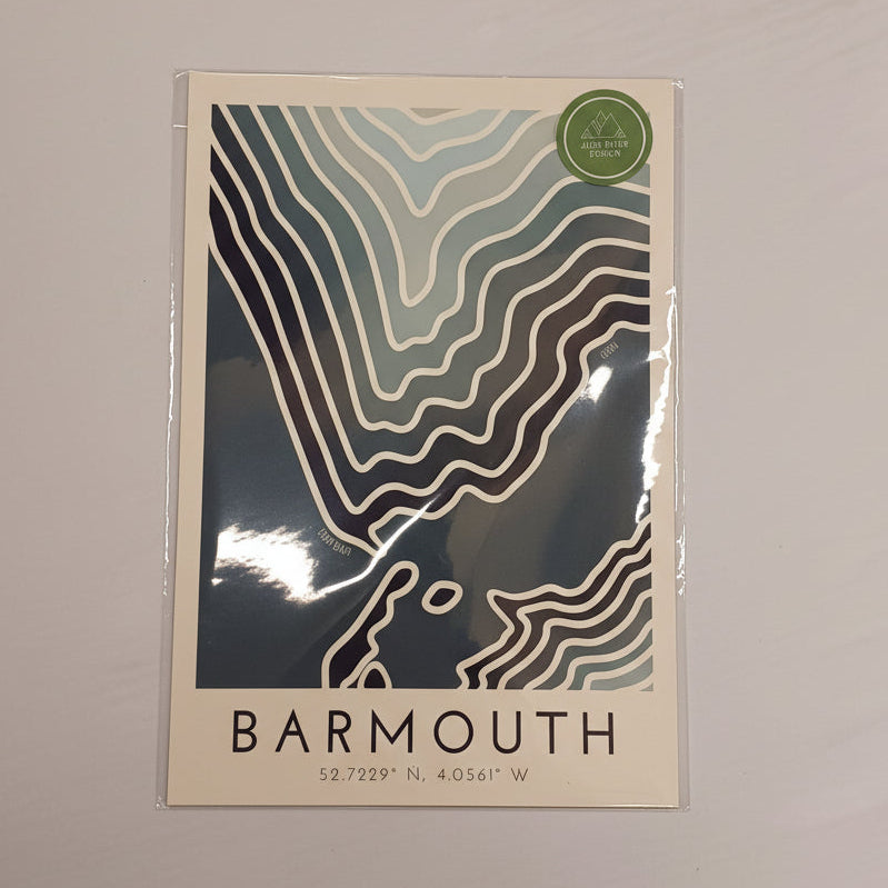 Poster with wavy line design and 'Barmouth' text on a beige background