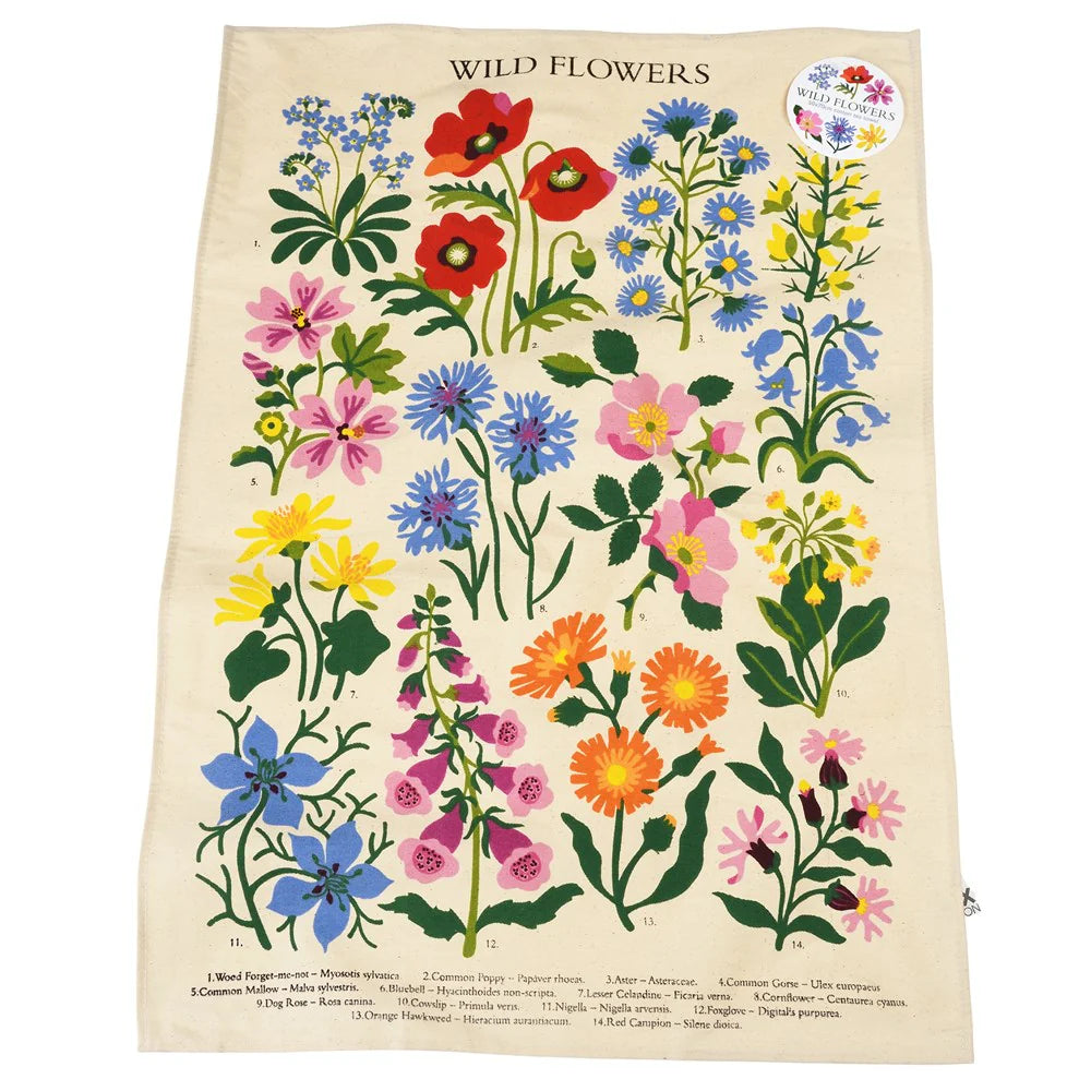 Floral design tea towel with colorful flowers on a beige background