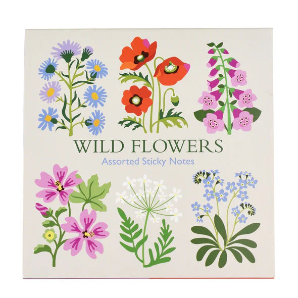 Assorted wild flower sticky notes with colorful illustrations on a beige background
