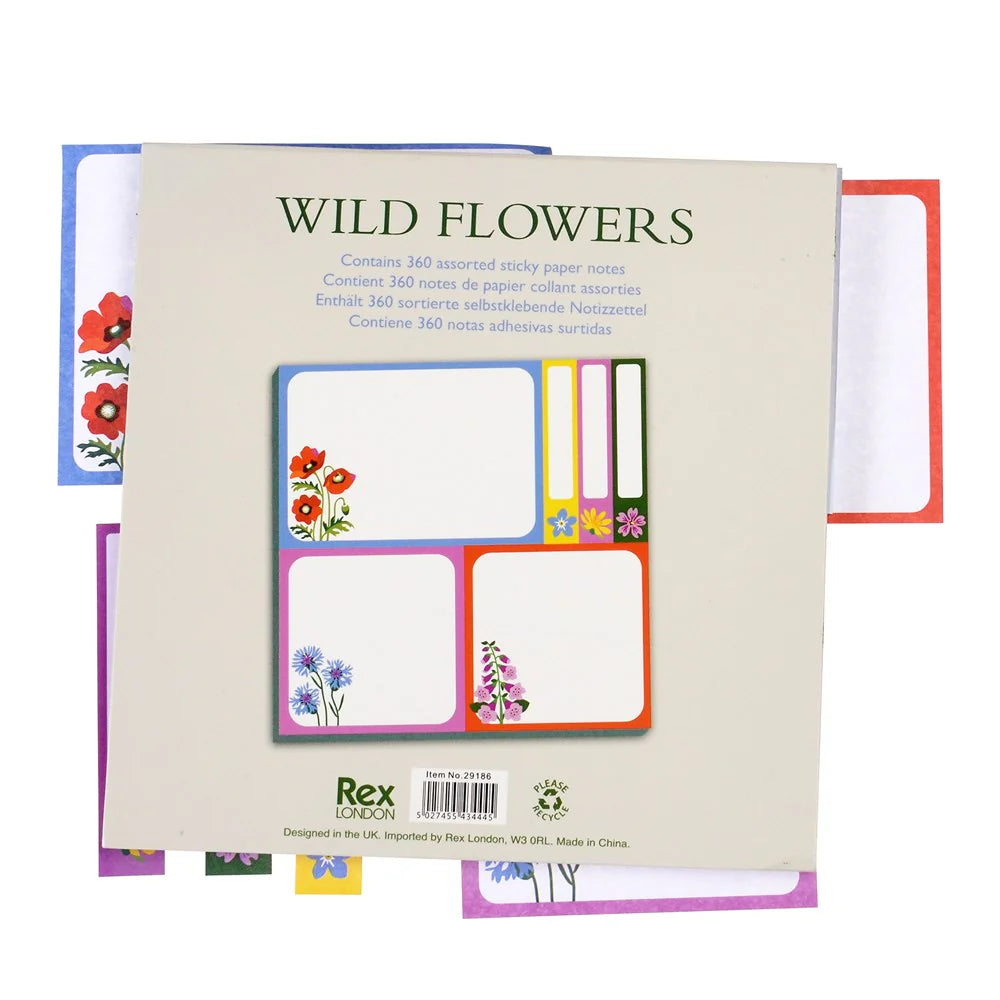 Packaging of Rex London Wild Flowers sticky notes with sample notes on a white background