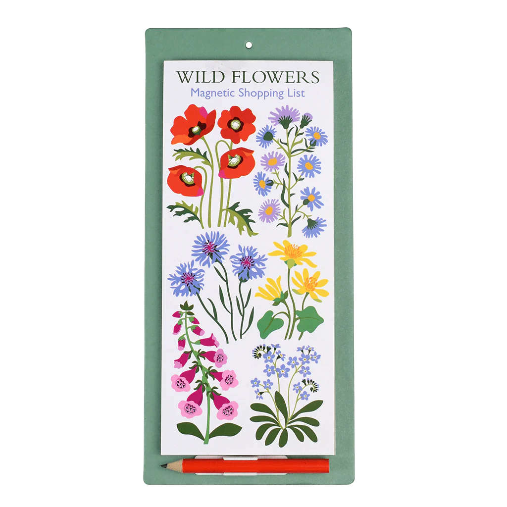 Magnetic shopping list with wildflower design on a green border
