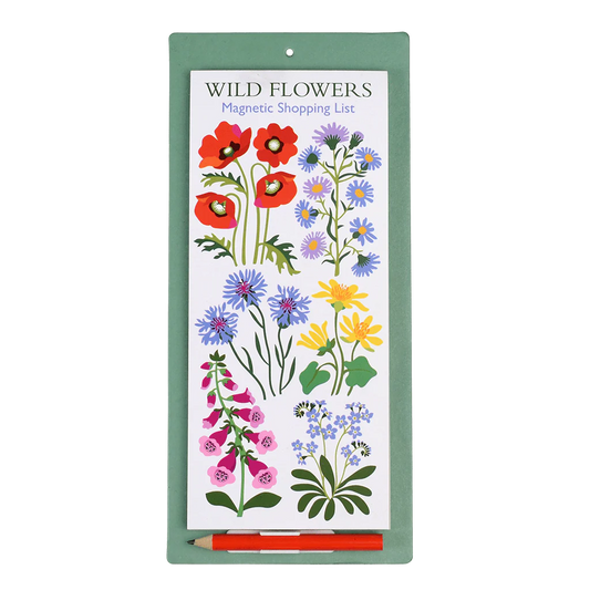 Magnetic shopping list with wildflower design on a green border