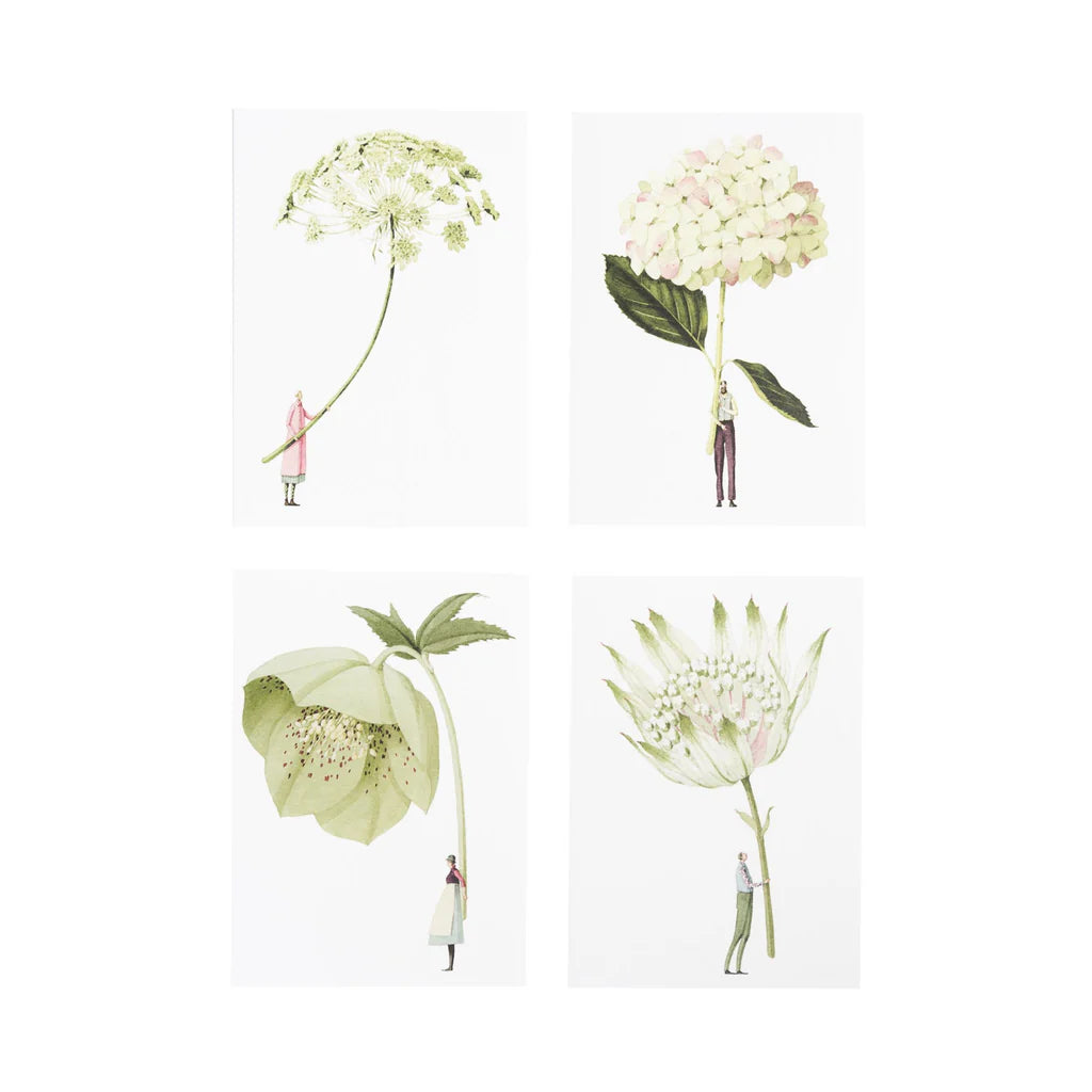 Illustrations of flowers with small figures on a white background