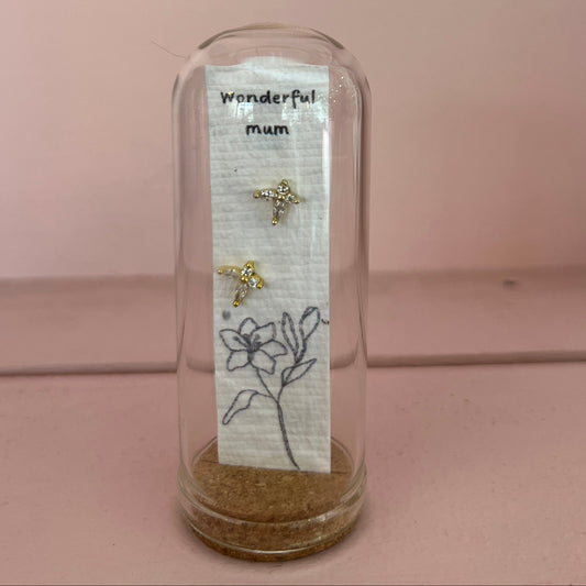 Earrings inside a glass dome with a 'Wonderful mum' message on a pink background