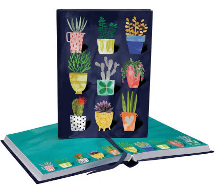 Notebook with colorful plant illustrations on a white background