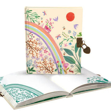 Open book with colorful illustrations of a rainbow, flowers, and a lock on a white background