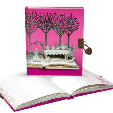 Open book with a 3D tree and bench design on a pink background