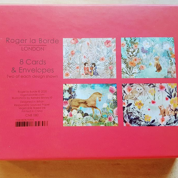 Box of Roger la Borde London cards and envelopes with floral and nature-themed designs.