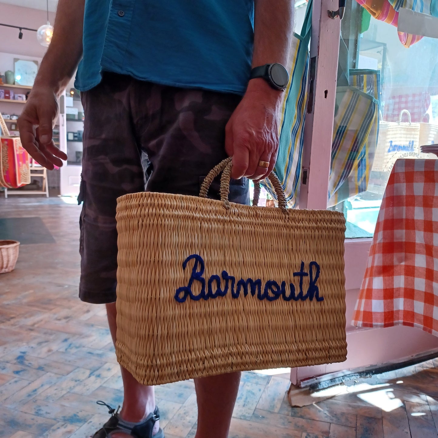 'Barmouth' Embroidered Woven Reed Market Basket  (medium)