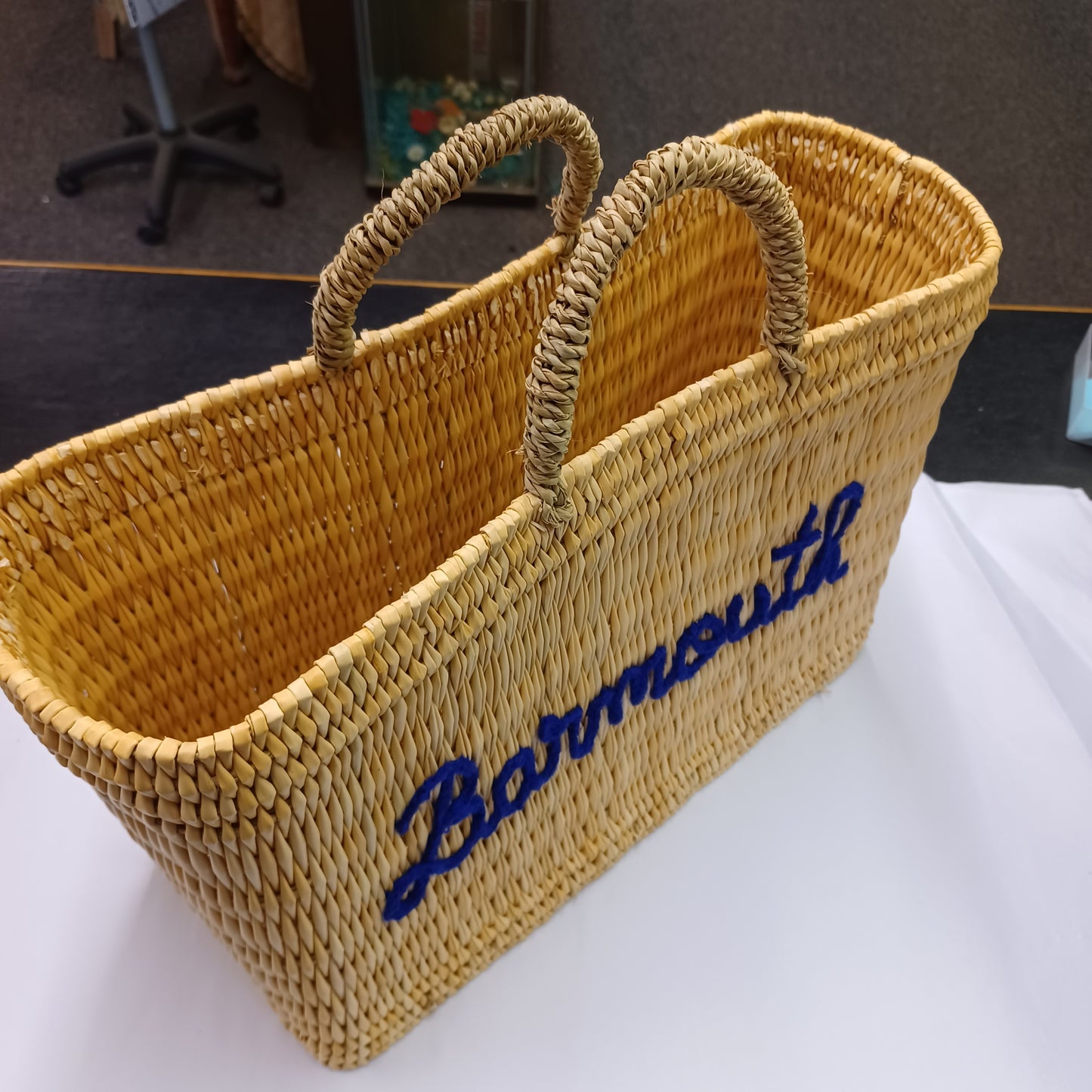 'Barmouth' Embroidered Woven Reed Market Basket  (medium)
