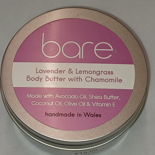 Bare Lavender & Lemongrass Body Butter container with pink label on a gray background