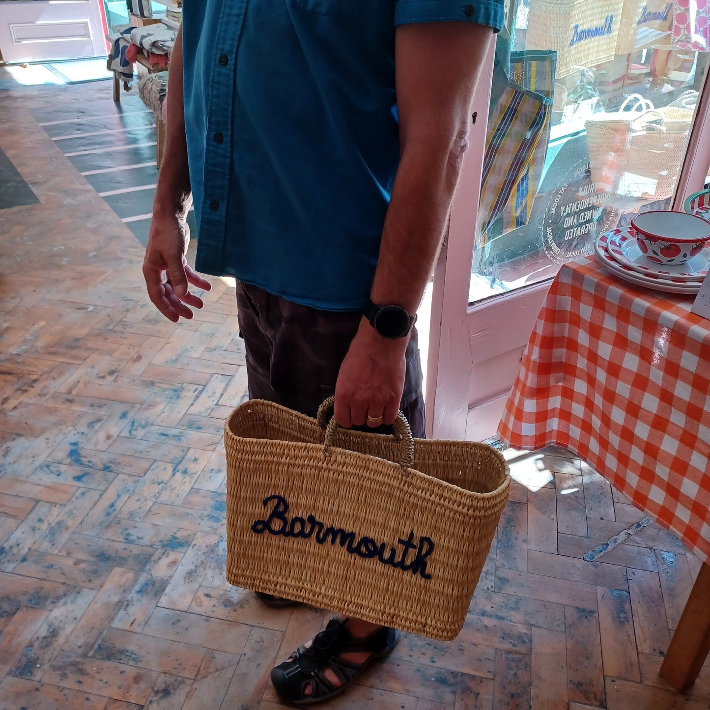 'Barmouth' Embroidered Woven Reed Market Basket  (medium)