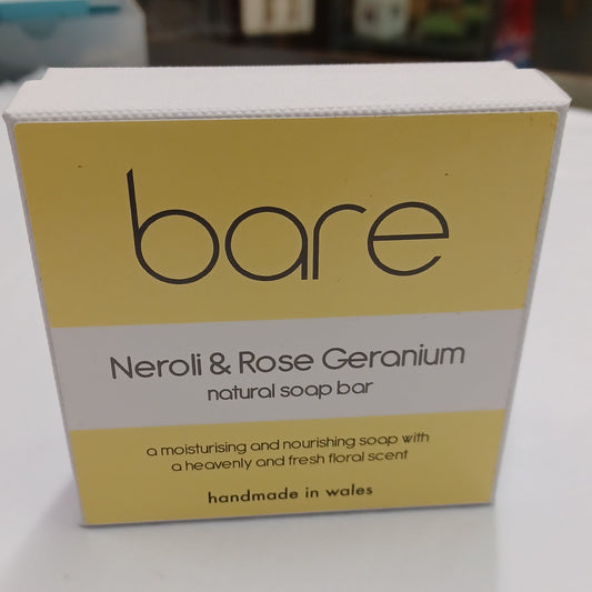 Box of bare Neroli & Rose Geranium soap on a white surface