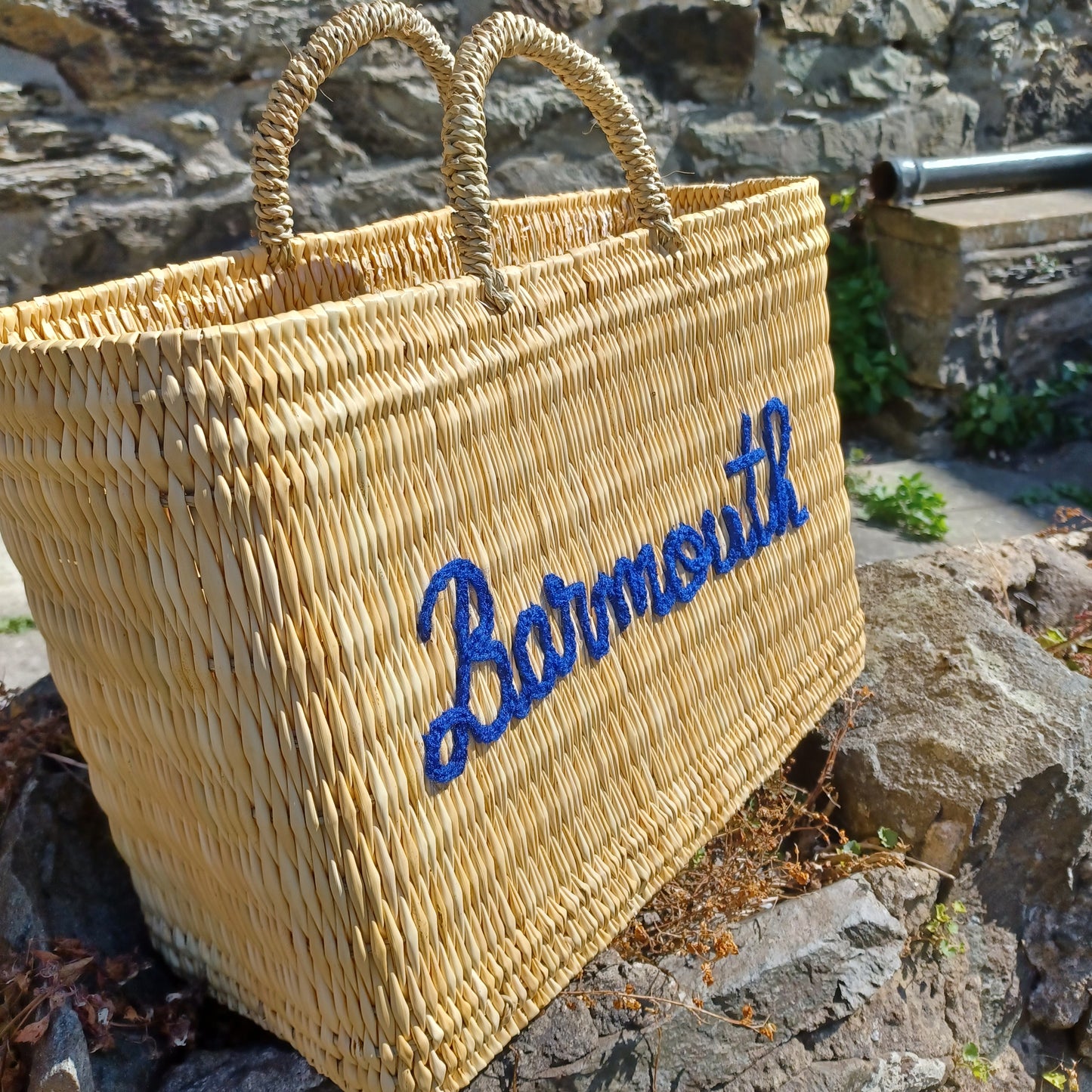 'Barmouth' Embroidered Woven Reed Market Basket  (medium)