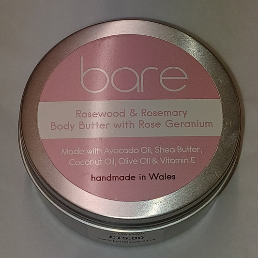 Bare Rosewood & Rosemary Body Butter container on a light gray background