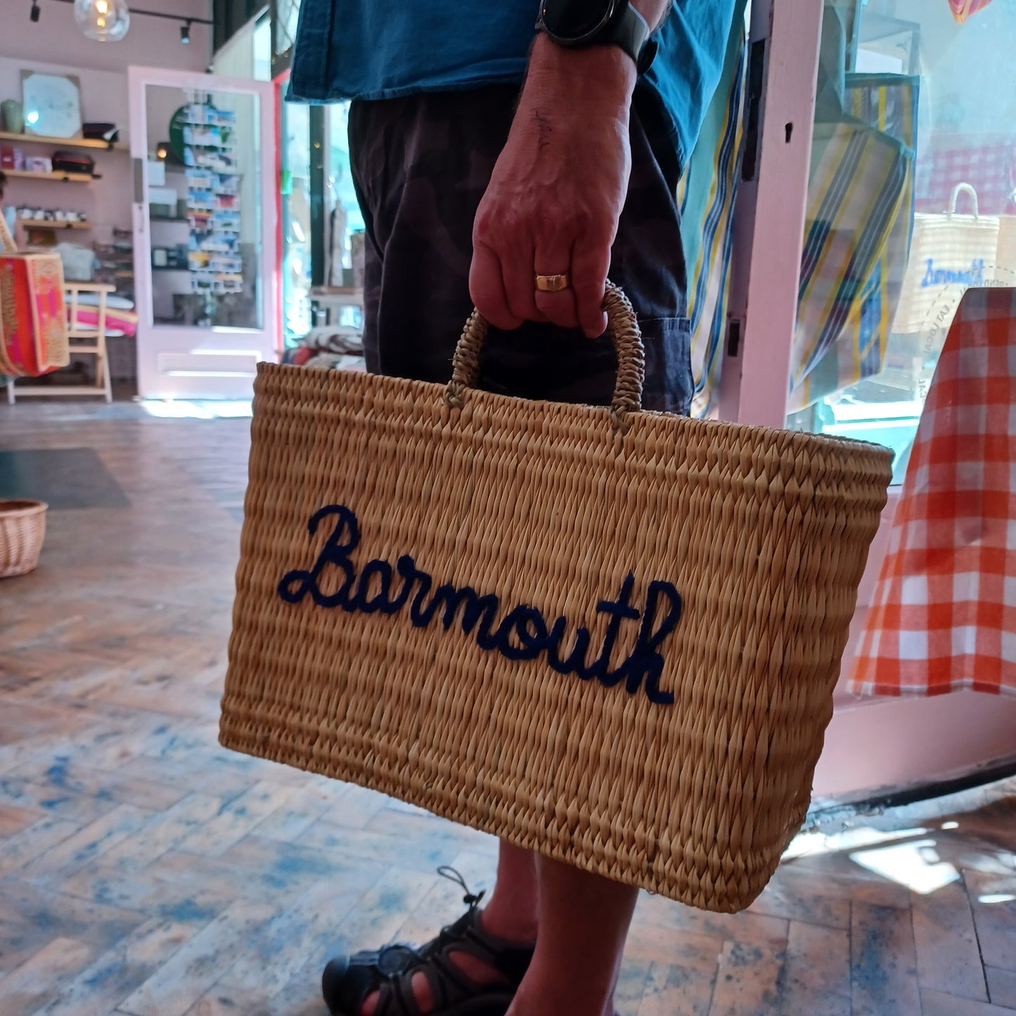 'Barmouth' Embroidered Woven Reed Market Basket  (medium)