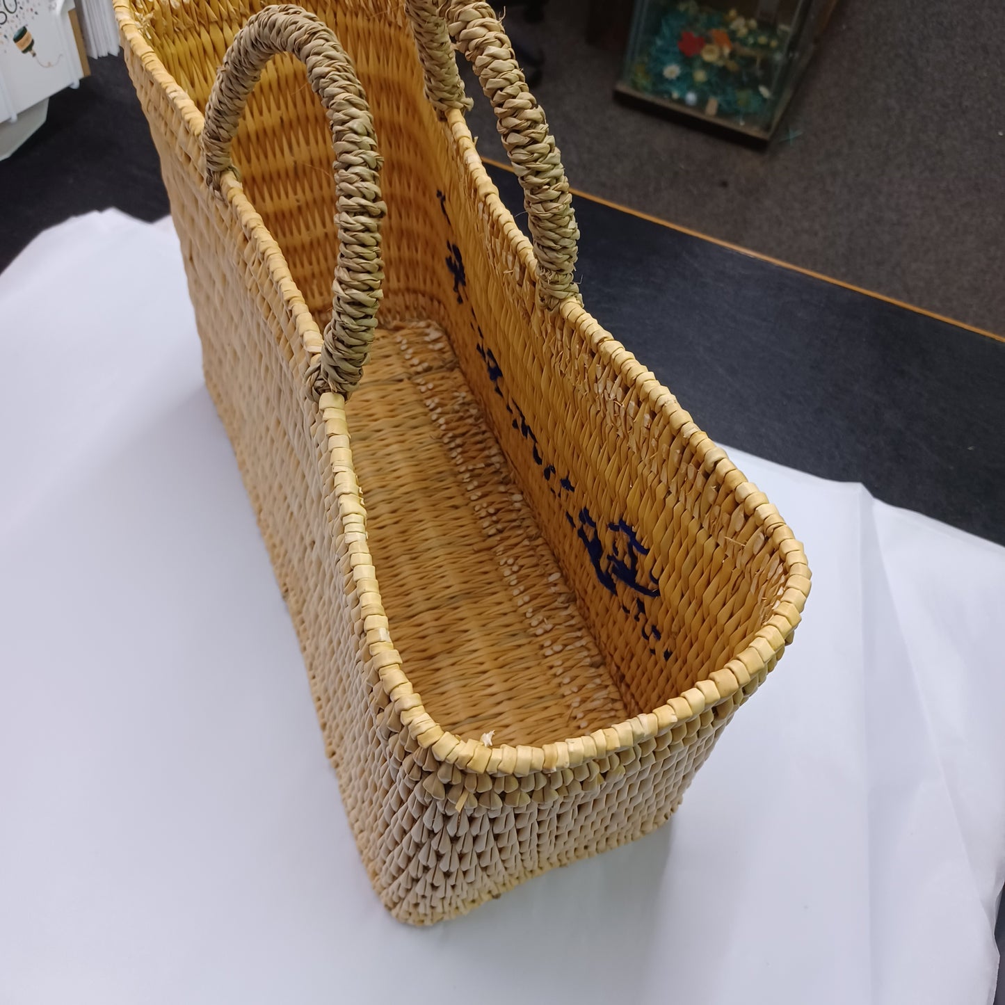 'Barmouth' Embroidered Woven Reed Market Basket  (medium)