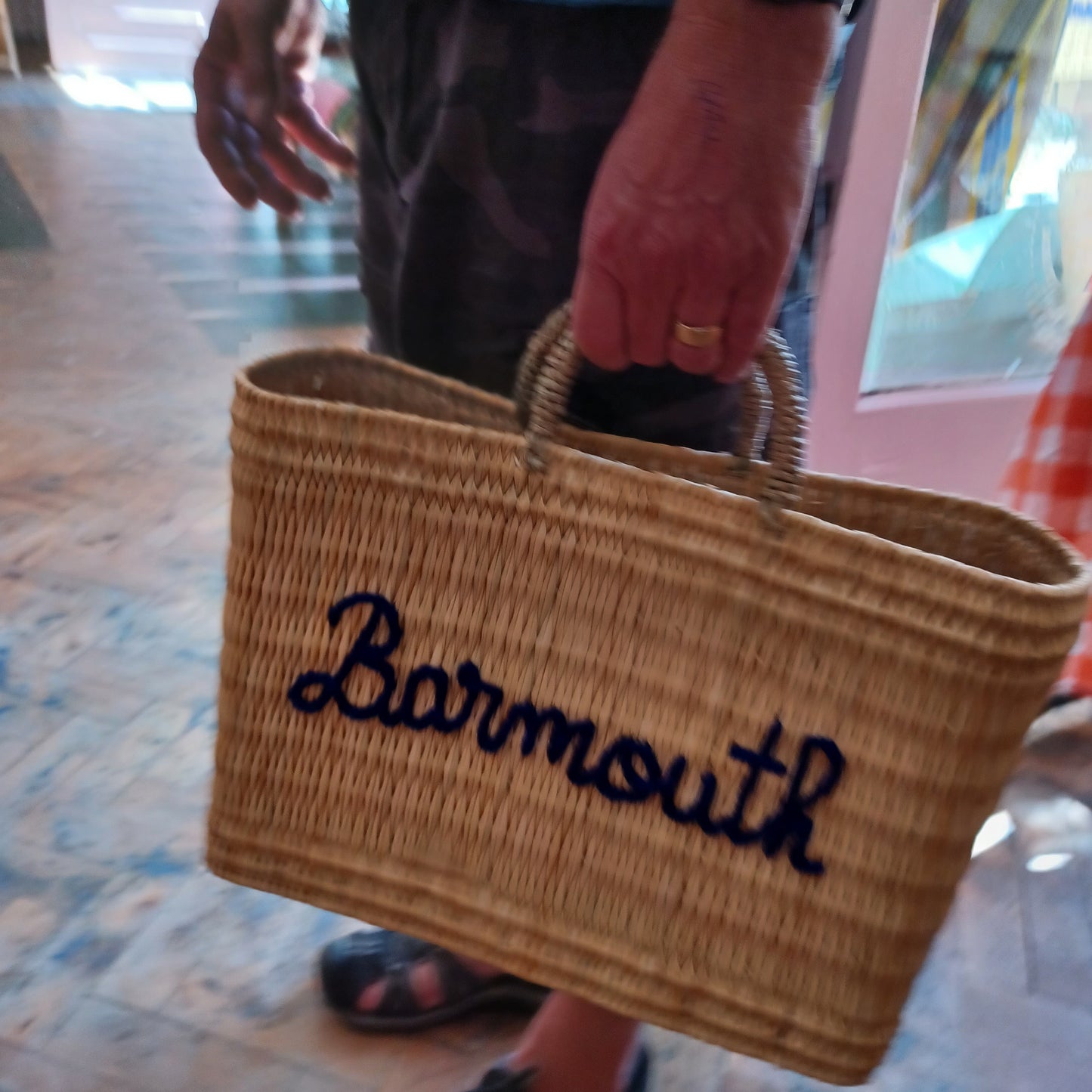 'Barmouth' Embroidered Woven Reed Market Basket  (medium)