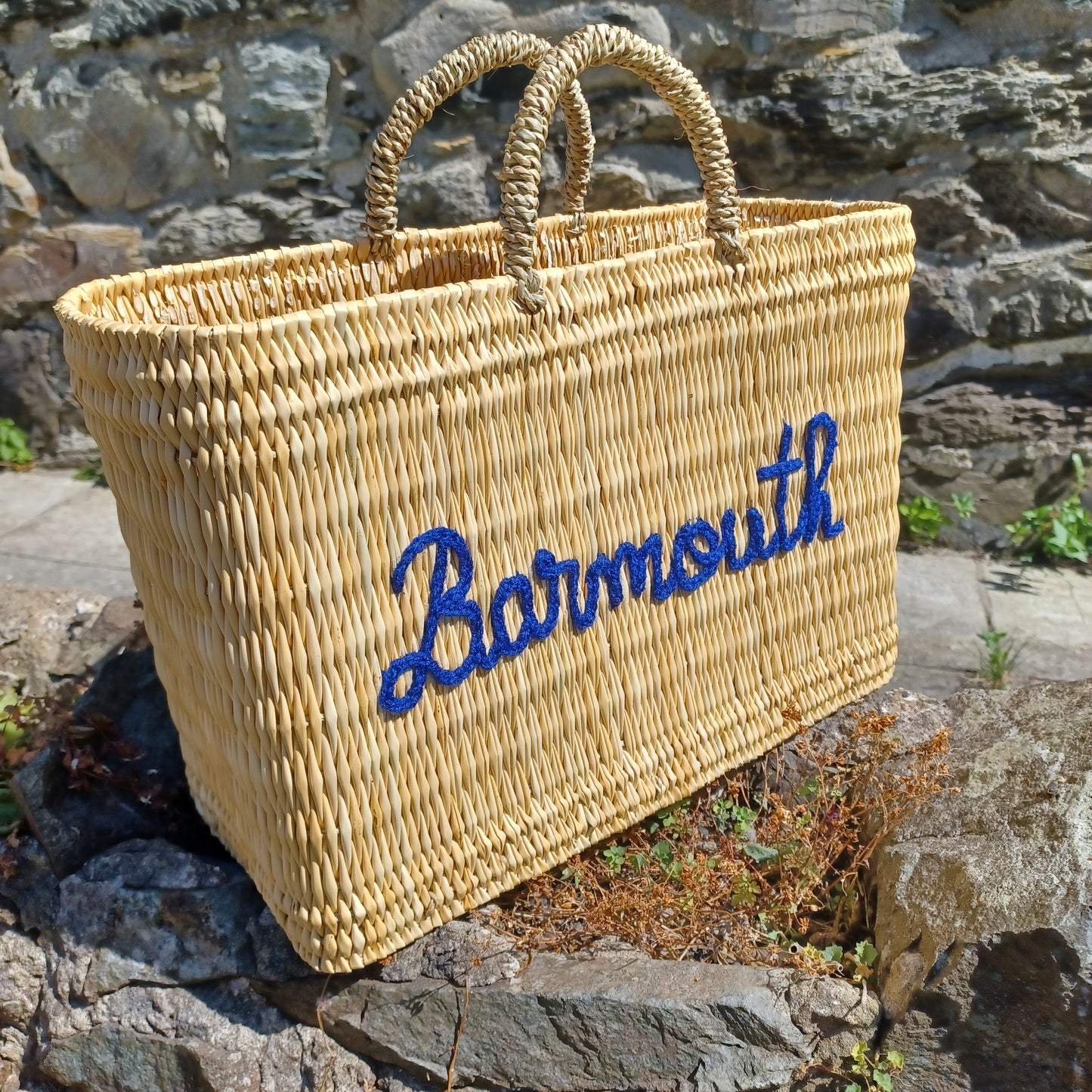'Barmouth' Embroidered Woven Reed Market Basket  (medium)