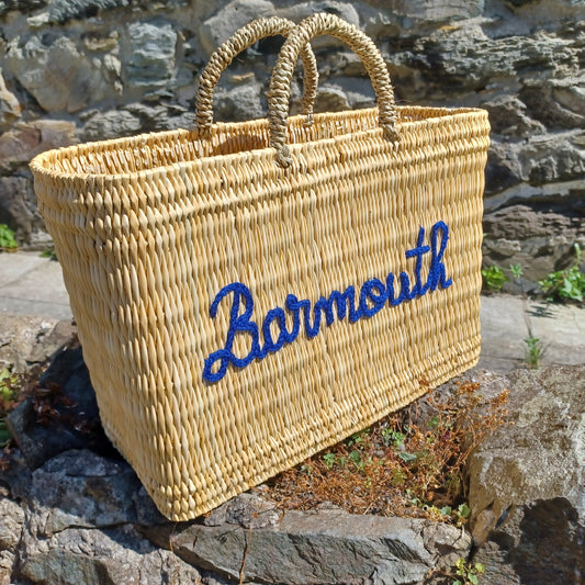 'Barmouth' Embroidered Woven Reed Market Basket  (medium)