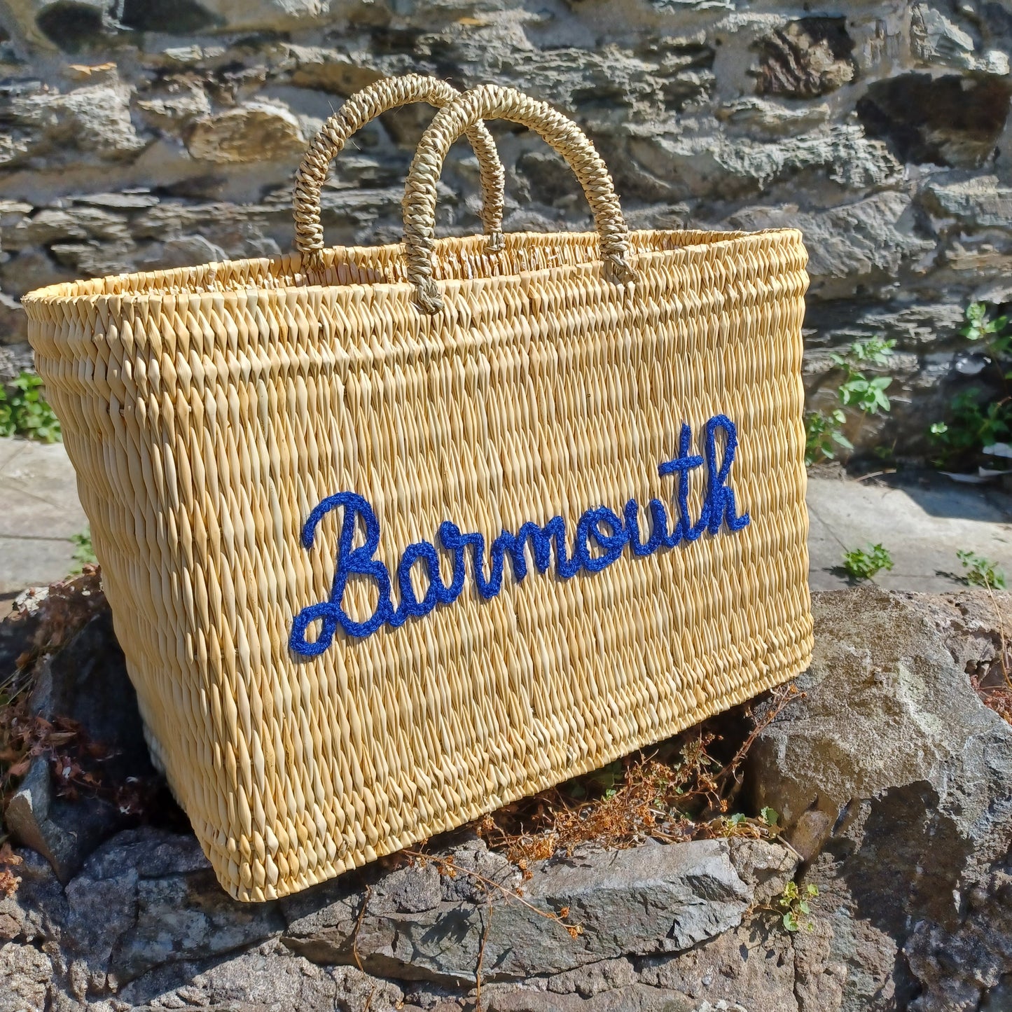 'Barmouth' Embroidered Woven Reed Market Basket  (medium)