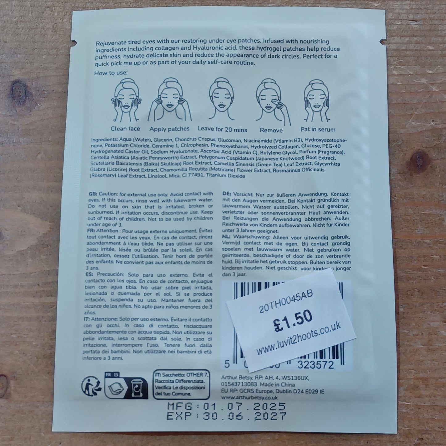 Product label with text and barcodes on a wooden surface