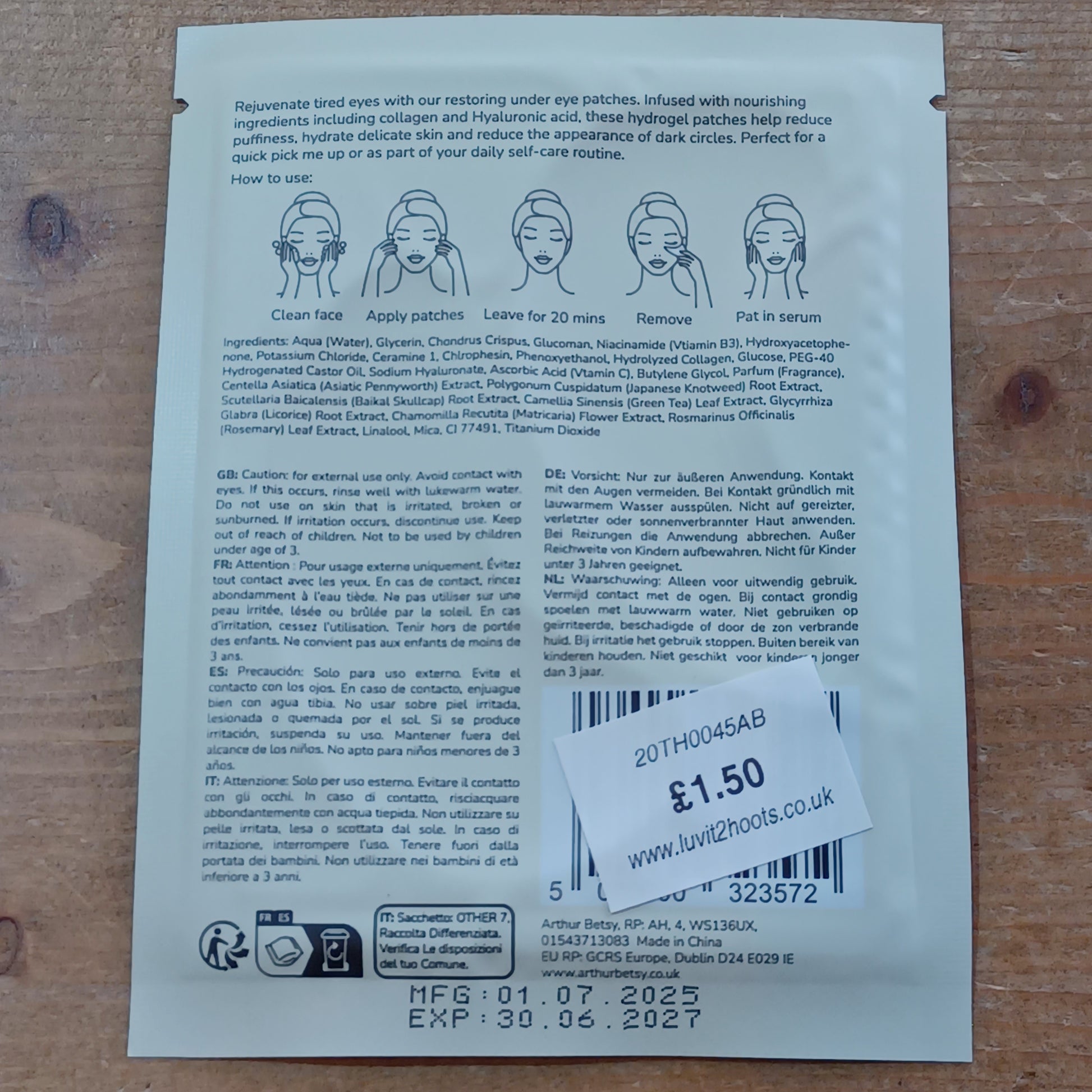 Product label with text and barcodes on a wooden surface