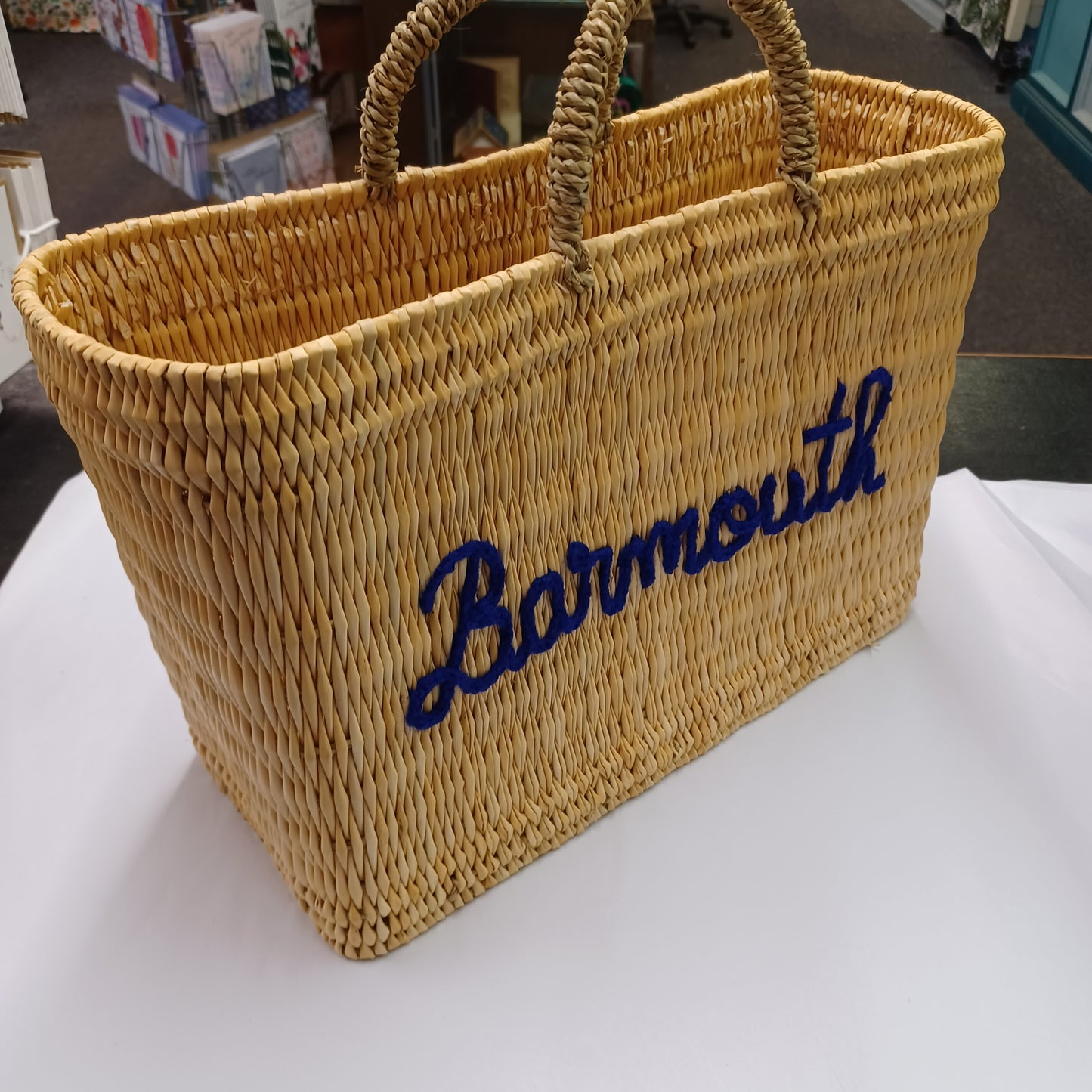 'Barmouth' Embroidered Woven Reed Market Basket  (medium)